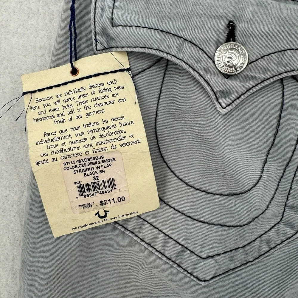 True Religion Jeans Mens 32 Gray Straight Rising Smoke Flap Pockets Distress NWT
